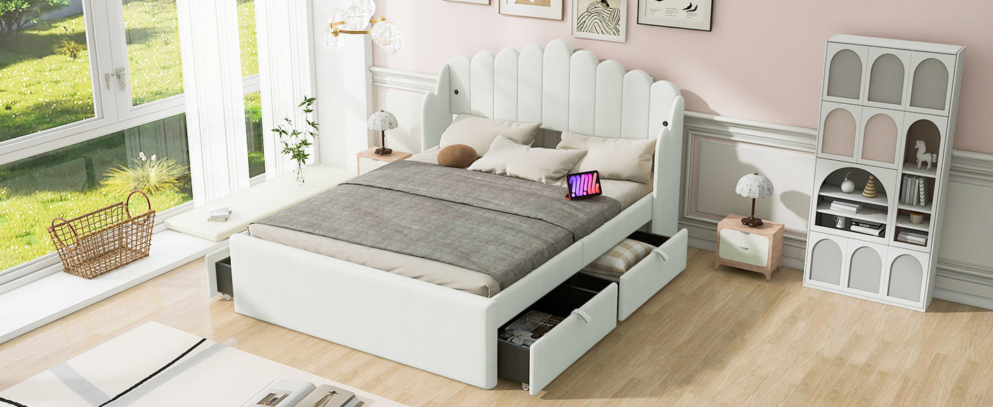 Full Size Upholstered Platform Bed with 4 Drawers and 2 USB, Beige