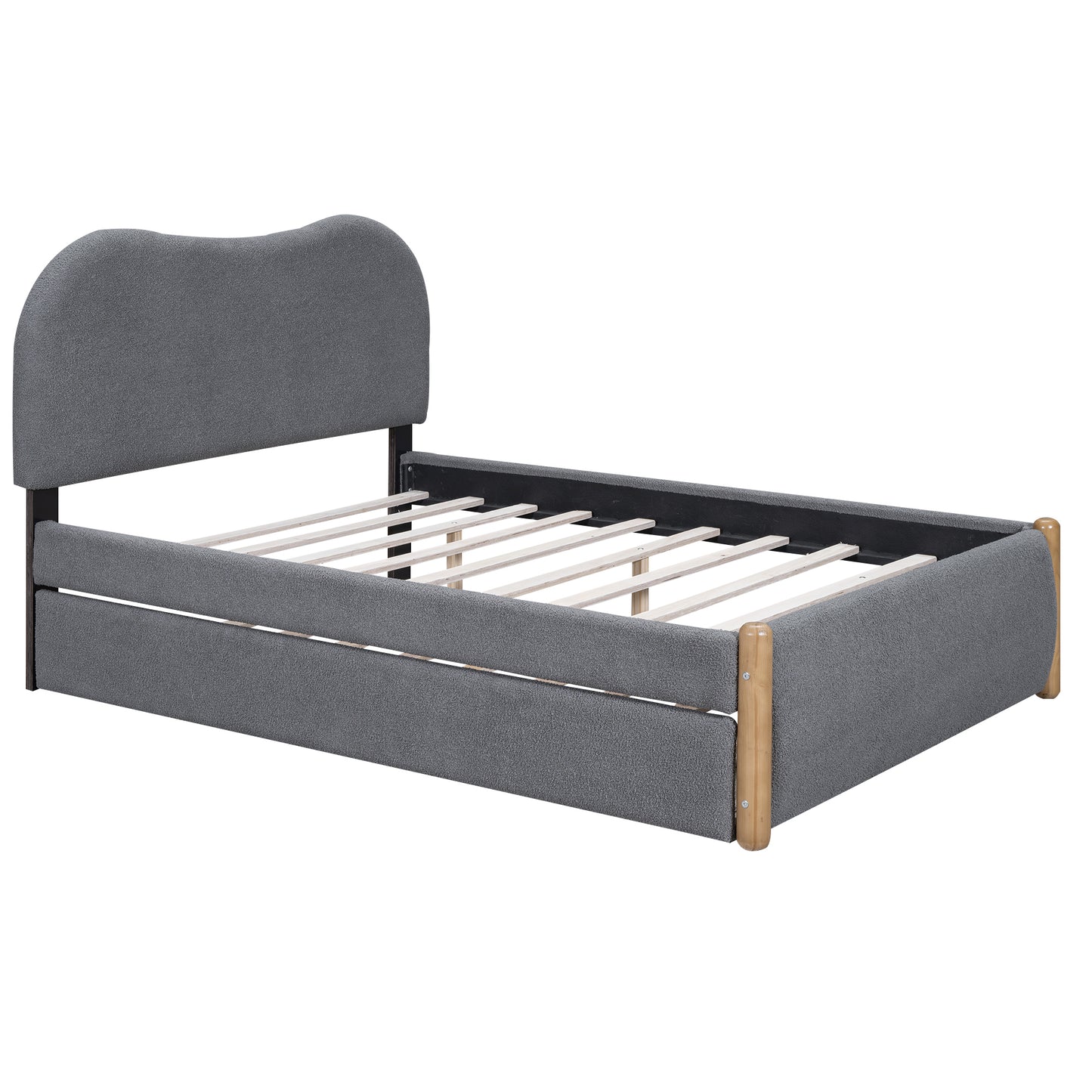 Full Size Upholstered Platform Bed with Wood Supporting Feet and Twin Size Trundle, Gray