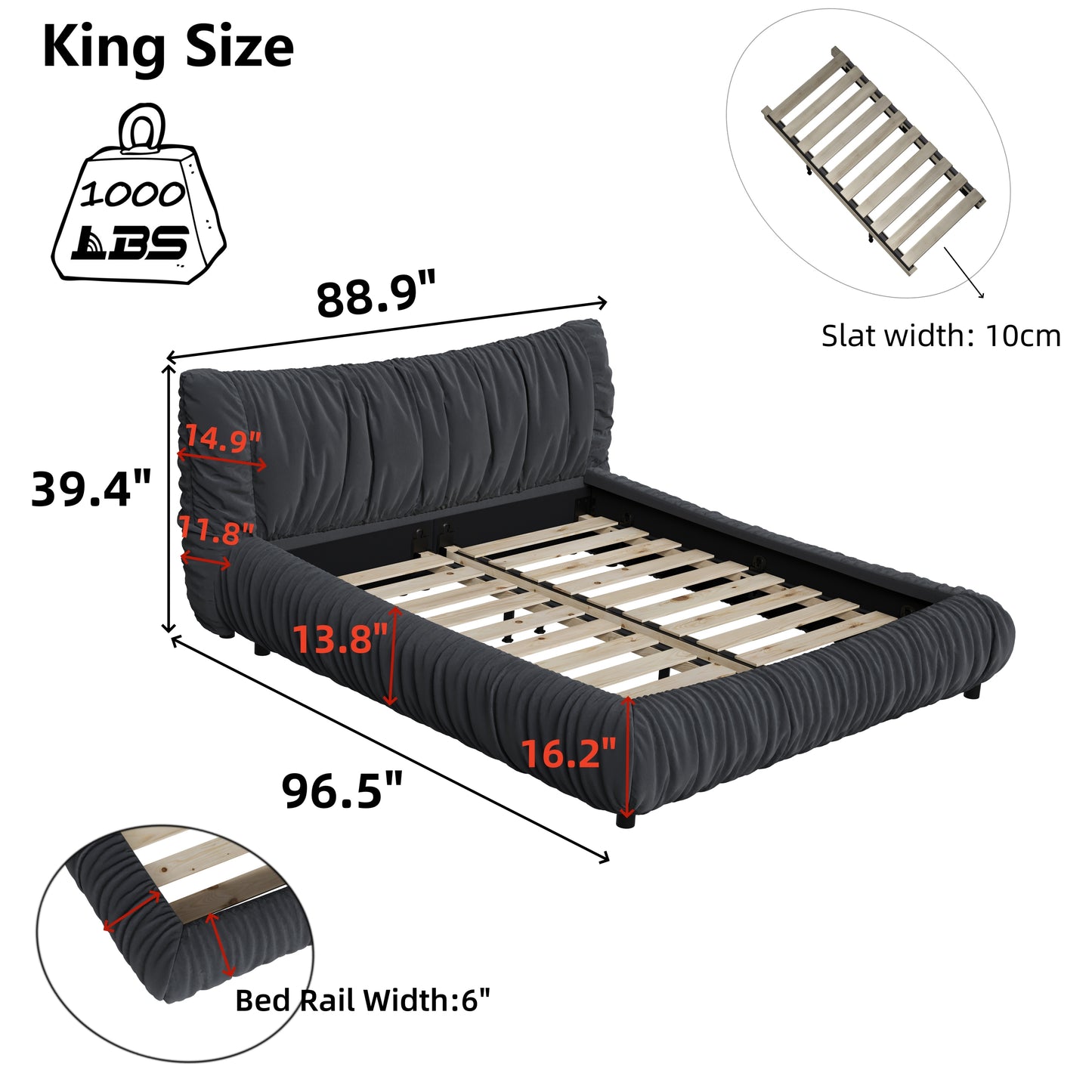 King Size Luxury Upholstered Platform Bed with Removable Cushion and Solid Wood Frame,suitable for Multiple heights of mattresses,DARK GREY