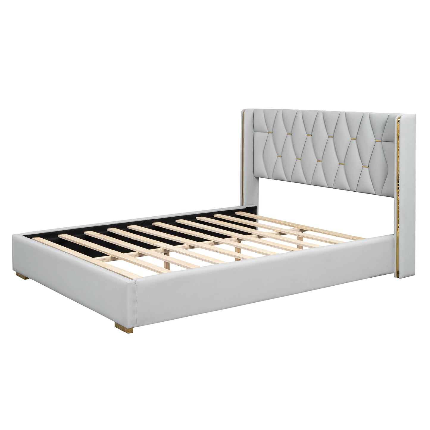 Queen Size Upholstered Platform Bed with Metal Strips, Off-white