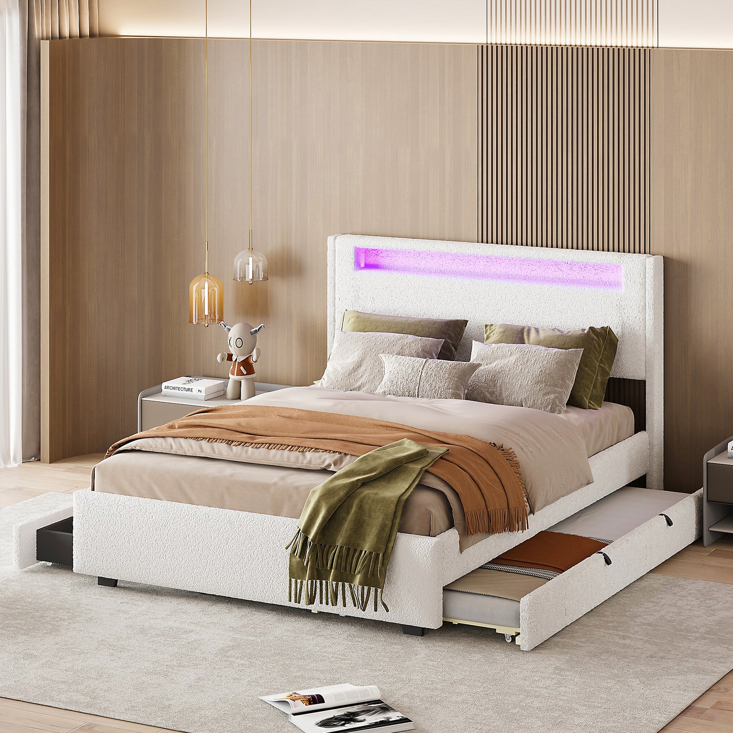 Full Size Upholstered Platform Bed with LED Frame, with Twin  Size Trundle and 2 drawers, Teddy Fleece, White