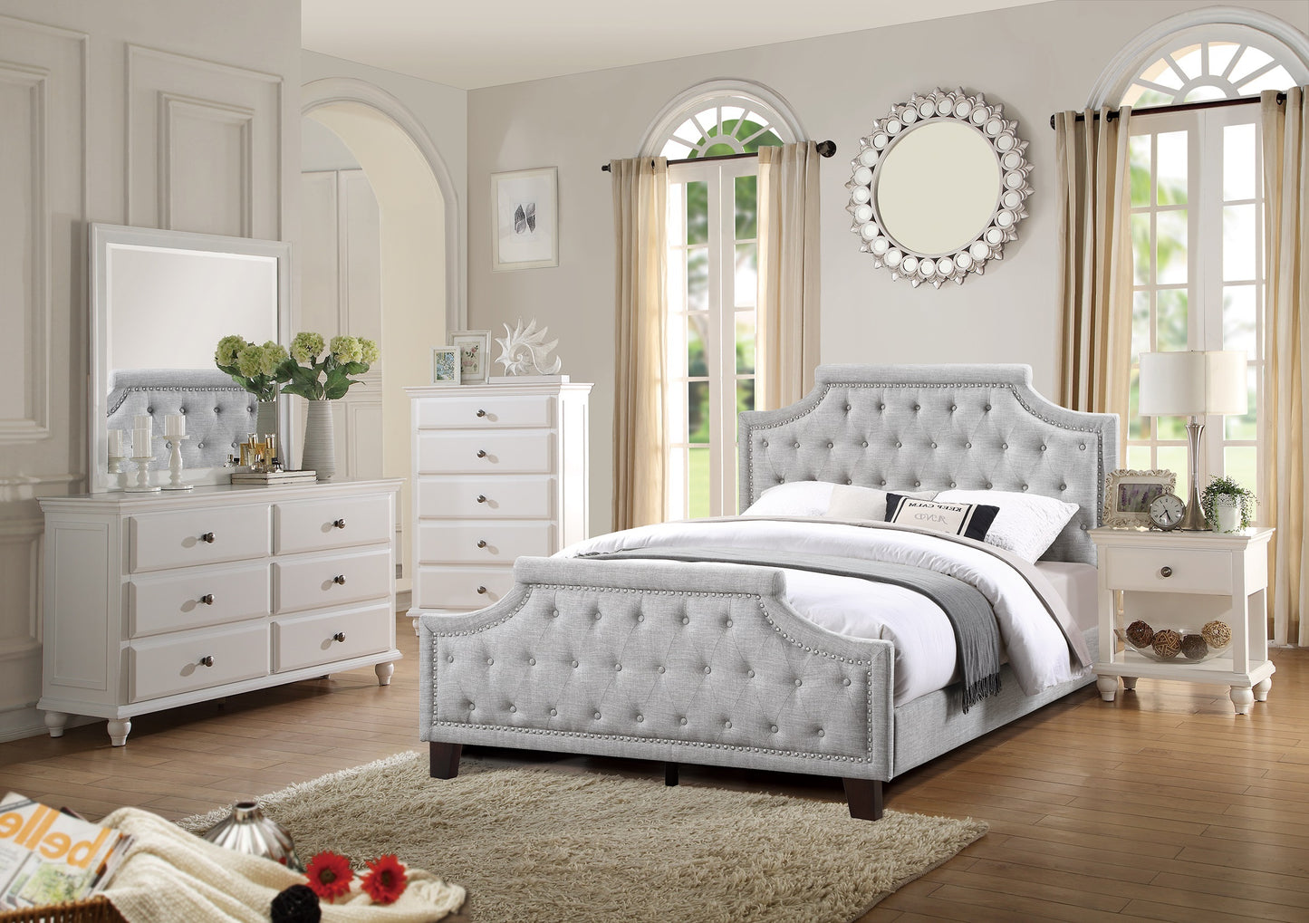 Grey Polyfiber American Traditional 1pcs Full Size Bed Only Button Tufted Headboard Footboard Bedroom Furniture