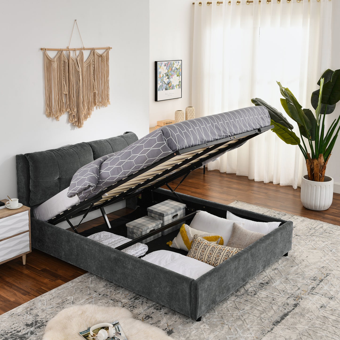 Cama tamaño queen con plataforma hidráulica tapizada, cabecero integrado, tela de chenilla, color gris