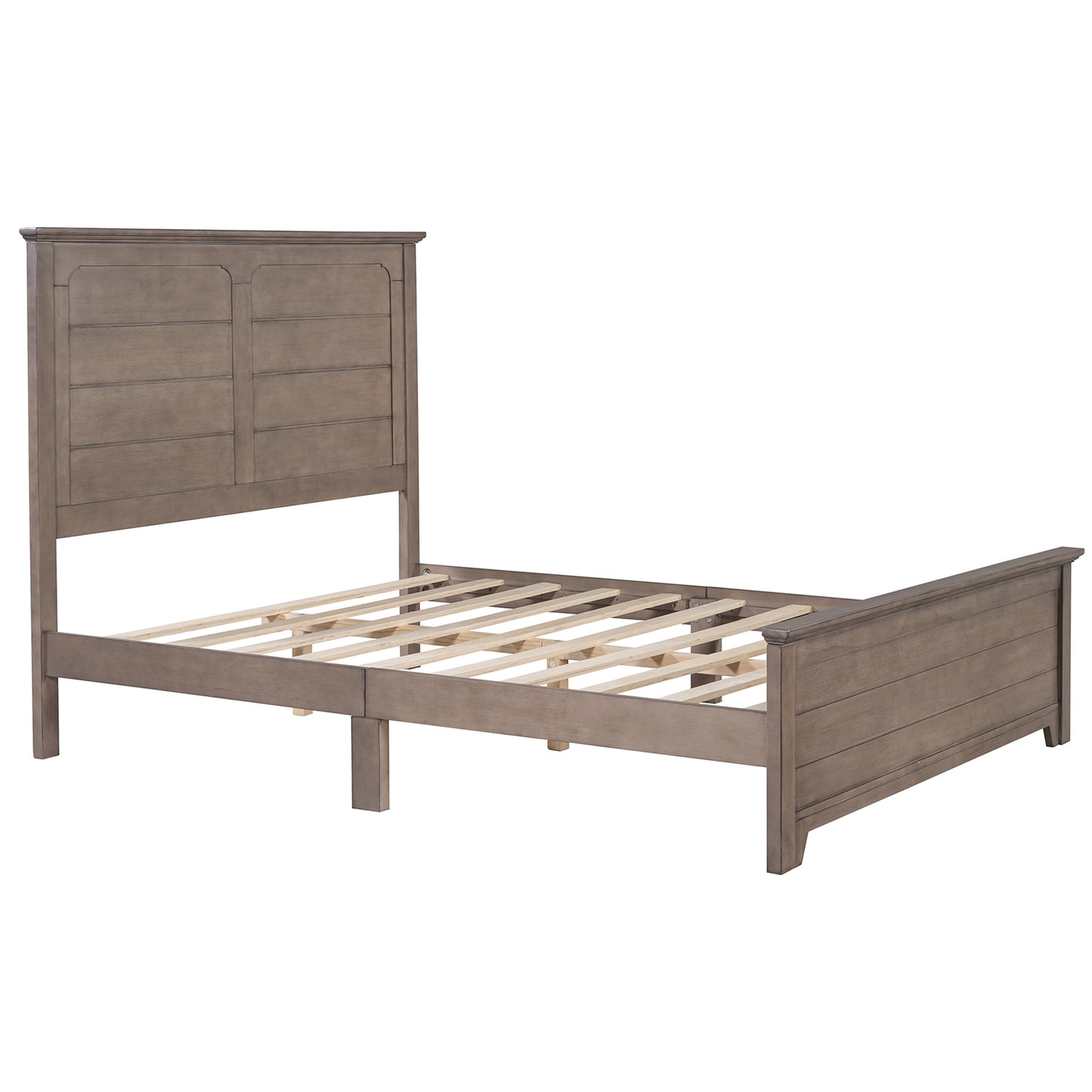 Farmhouse Wooden Platform Queen Size Bed with Panel Design Headboard and Footboard for Teenager, Ash Brown