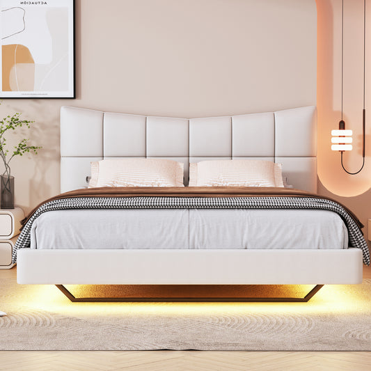 Lit plateforme rembourré pleine grandeur avec lumières LED, ports et prises USB, tissu en lin, beige
