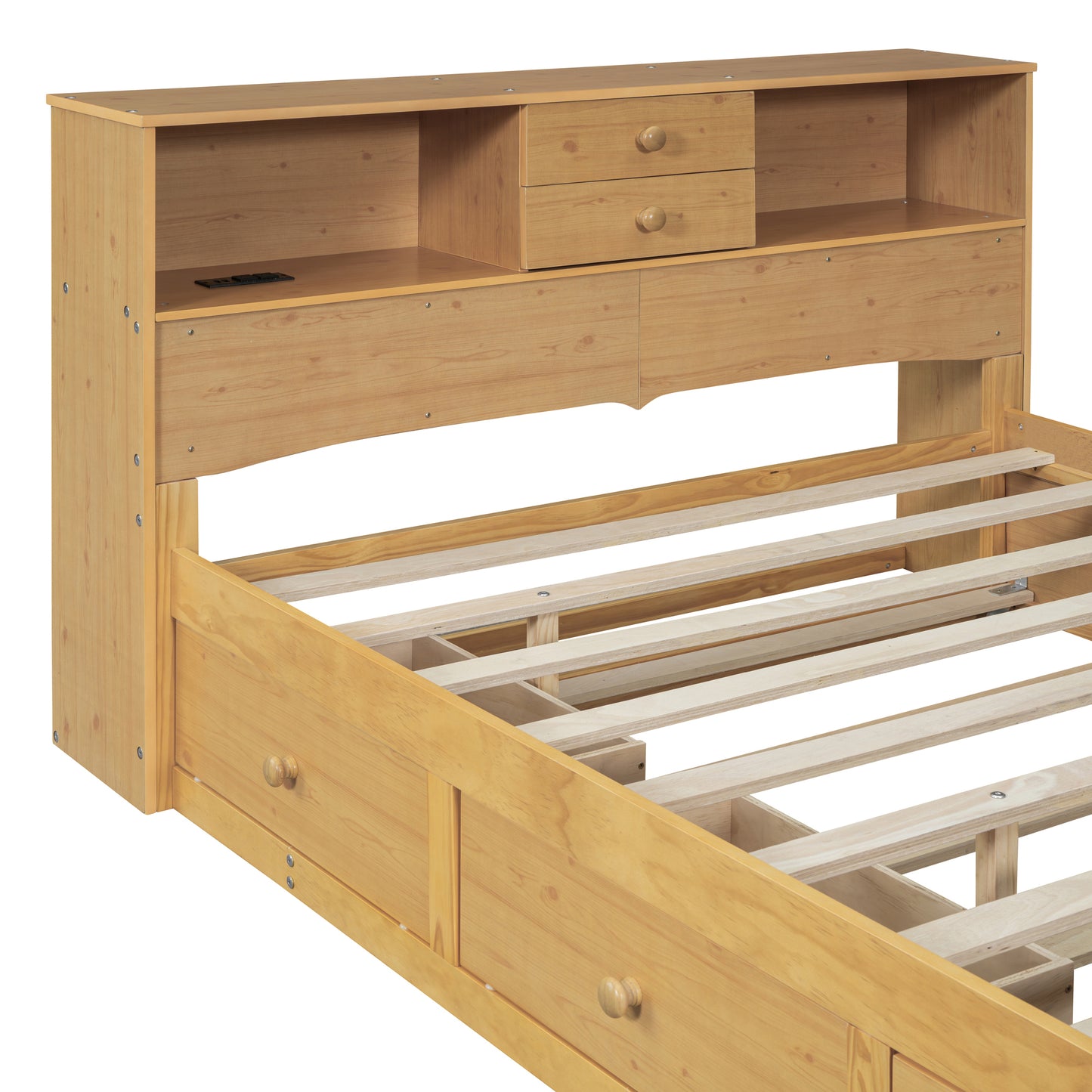 Full Size Wood Pltaform Bed with Twin Size Trundle, 3 Drawers, Upper Shelves and a set of USB Ports & Sockets, Natural