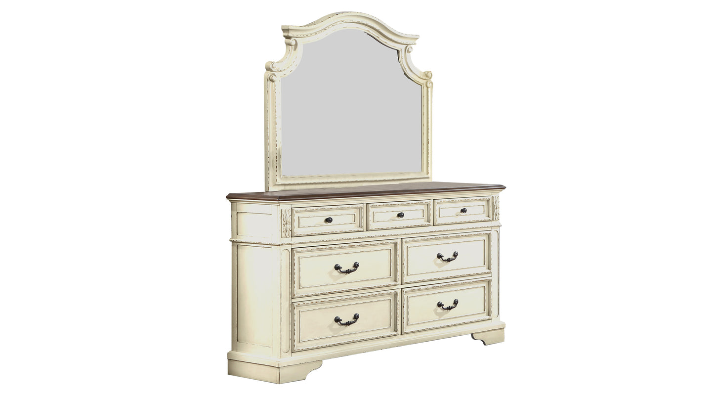 Ensemble de chambre à coucher Queen de style traditionnel 5 pièces avec tête de lit capitonnée à boutons en bois beige antique