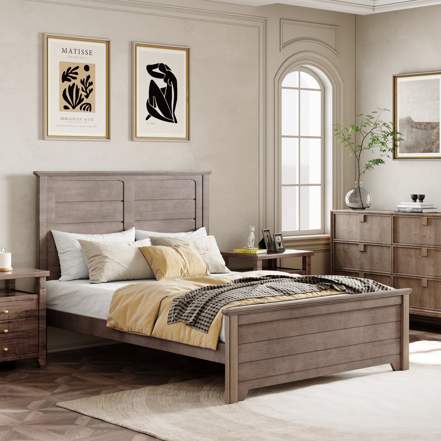 Farmhouse Wooden Platform Full Size Bed with Panel Design Headboard and Footboard for Teenager, Ash Brown