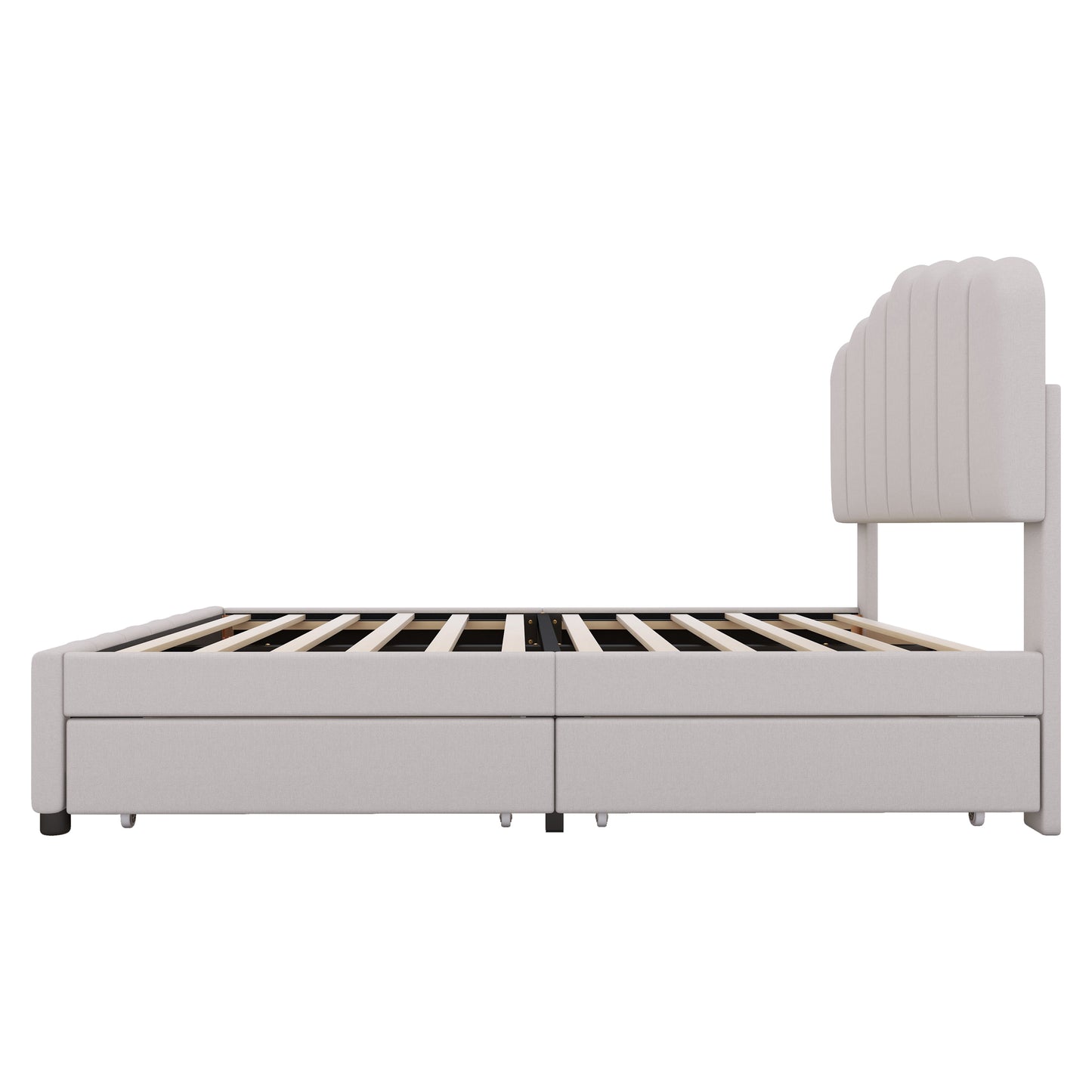 Full Size Upholstered Bed with 4 Storage Drawers,Wood Slat Support, Beige