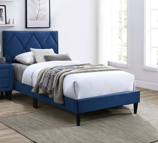 Full Size Bed w Adjustable Headboard 1pc Bedframe, Navy Blue Velvet Upholstered Youth Bedroom Furniture