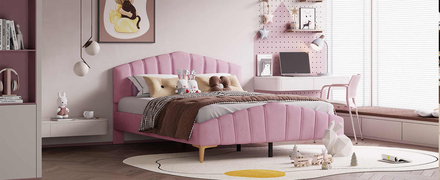 Queen Size Velvet Platform Bed with Thick Fabric, Stylish Stripe Decorated Bedboard and Elegant Metal Bed Leg, Pink