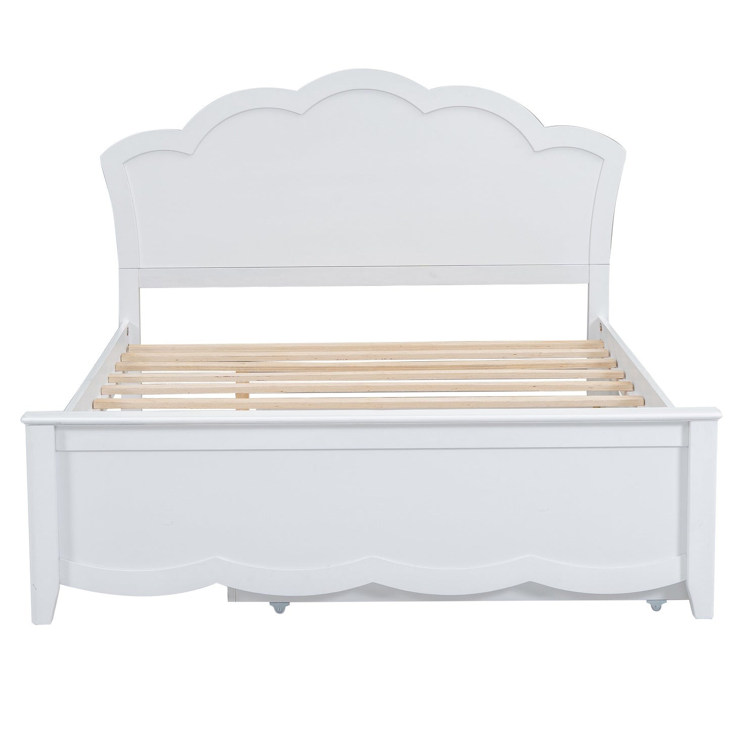 Full Size Wood Platform Bed with Headboard and Twin Size Trundle, White