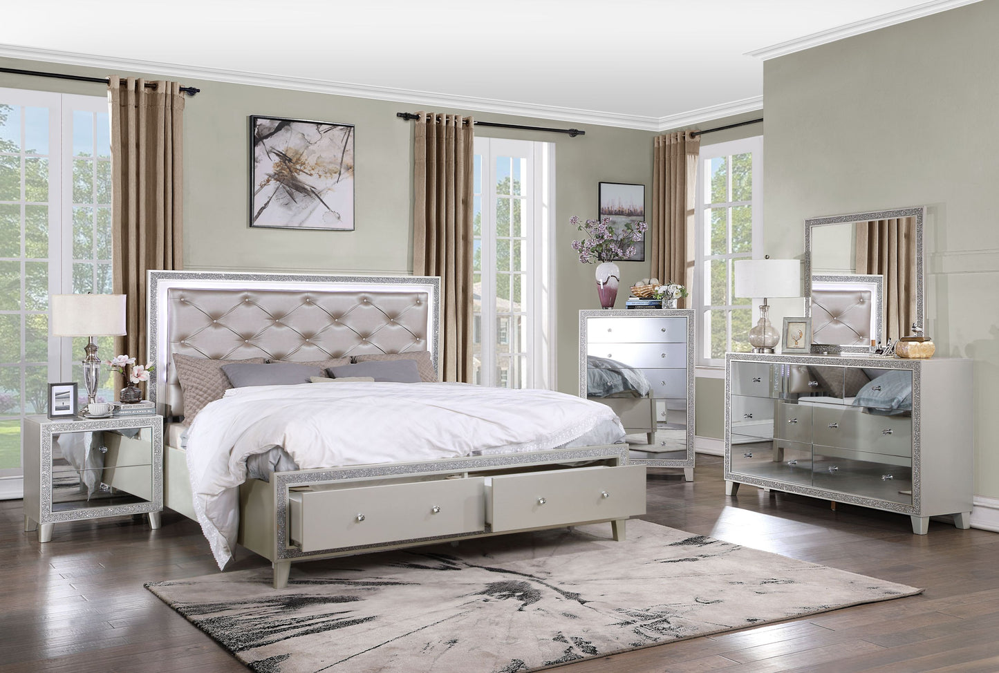 ACME Sliverfluff Eastern King Bed w/LED & Storage, Synthetic Leather & Champagne Finish BD00241EK