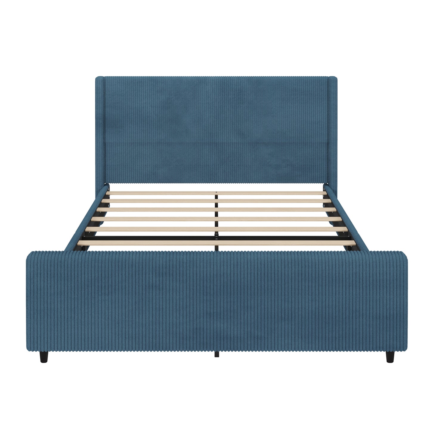 50.7'' High Headboard Corduroy Upholstered Bed Frame with Vertical Stripe Wingback and High Footboard No Box Spring Needed,King Size, Blue