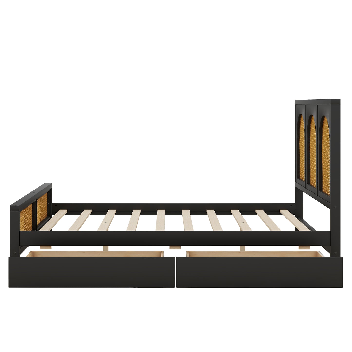 Full Size Wood Storage Platform Bed with 2 Drawers, Rattan Headboard and Footboard, Black