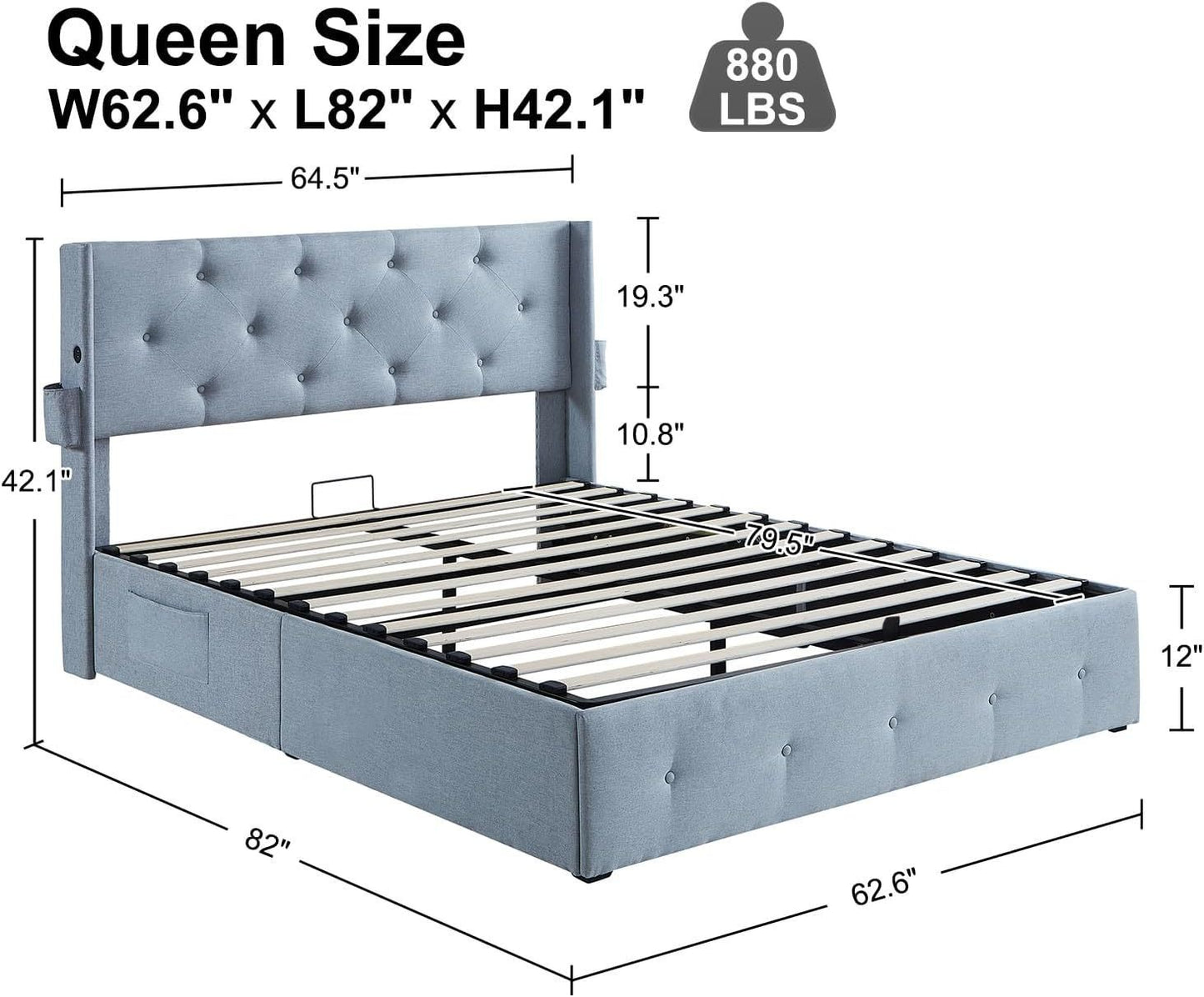 Full Size Bed Frame with Gas Lift Storage Bed with Modern Wingback Headboard, USB Ports