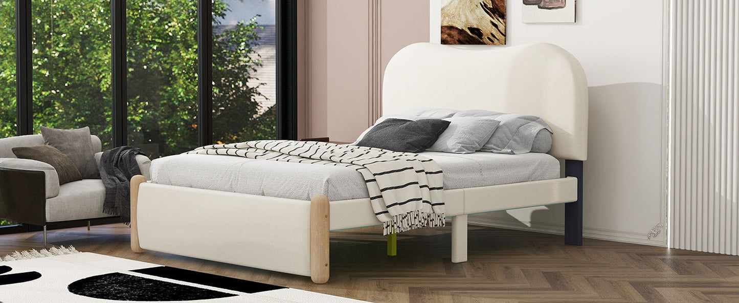 Full Size Upholstered Platform Bed with Wood Supporting Feet, Beige