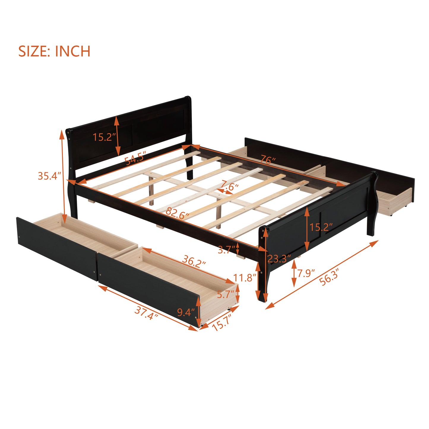 Lit plateforme en bois pleine grandeur avec 4 tiroirs et tête et pied de lit profilés, expresso