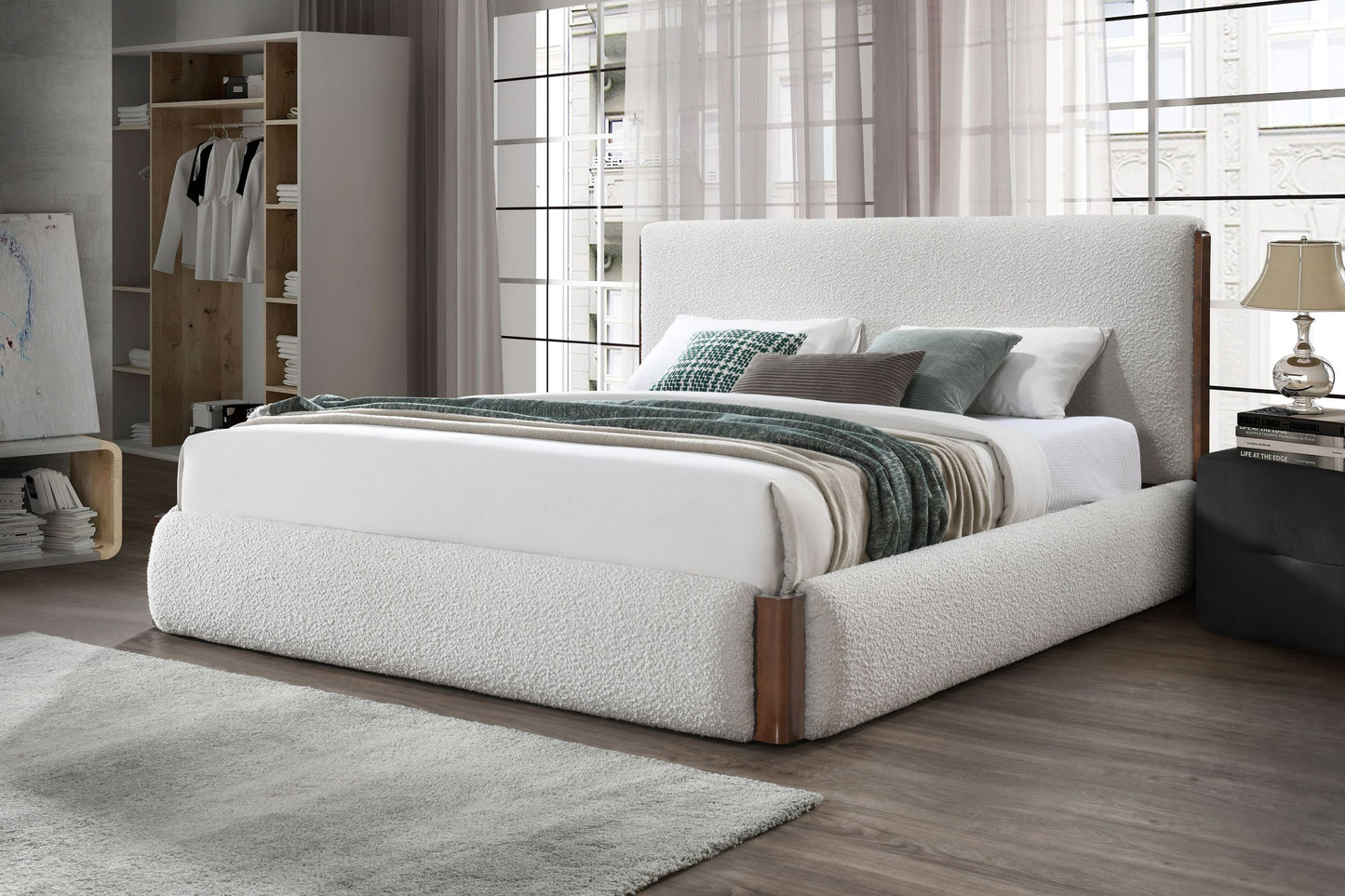 ACME Sandro Queen Bed, White Bouclé & Walnut Finish BD02470Q