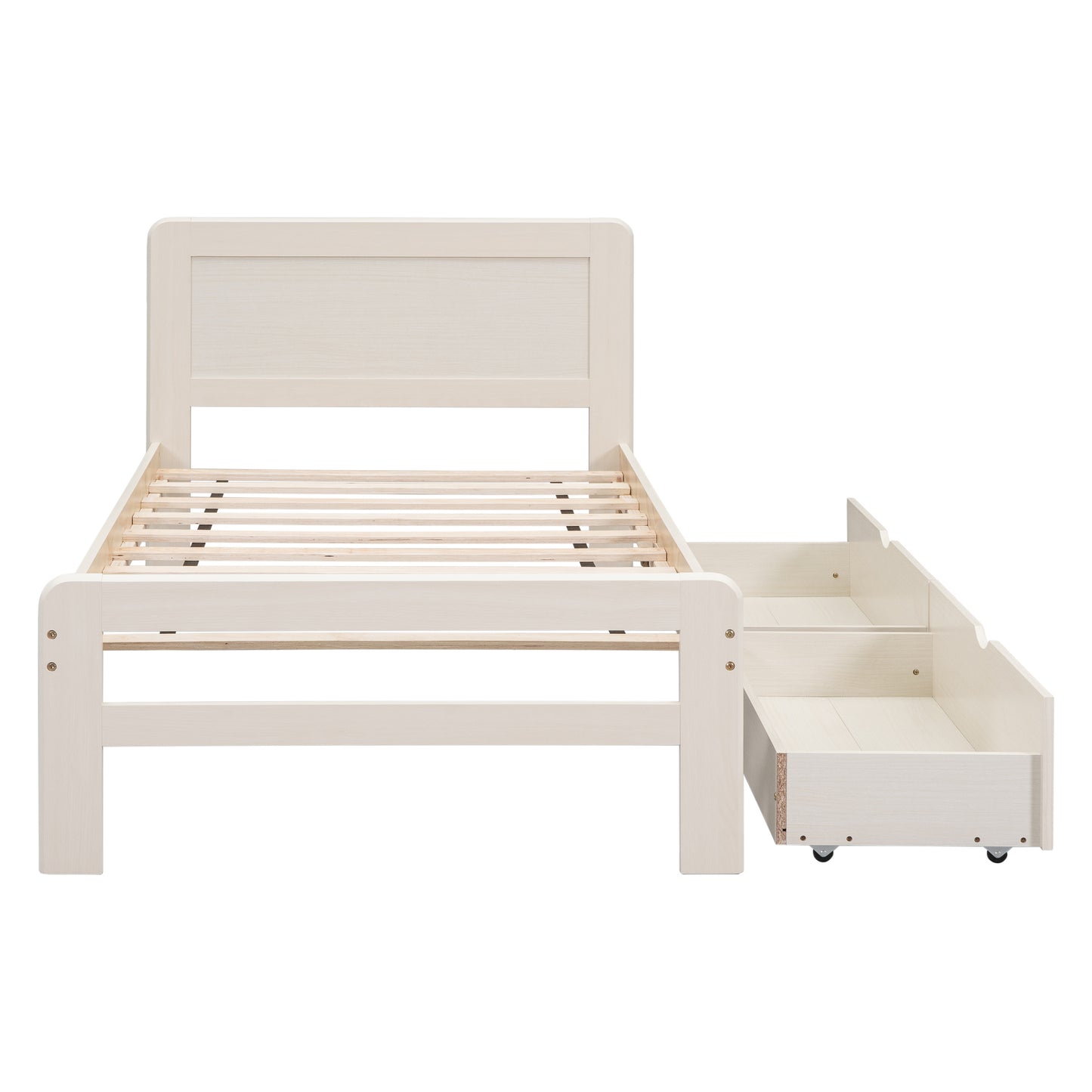 Modern Design Twin Size Platform Bed Frame with 2 Drawers for White Washed Color