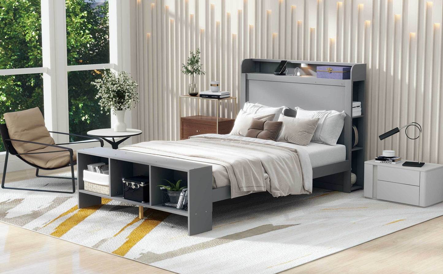 Full Size Platform Bed with built-in shelves, LED Light and USB ports, Gray