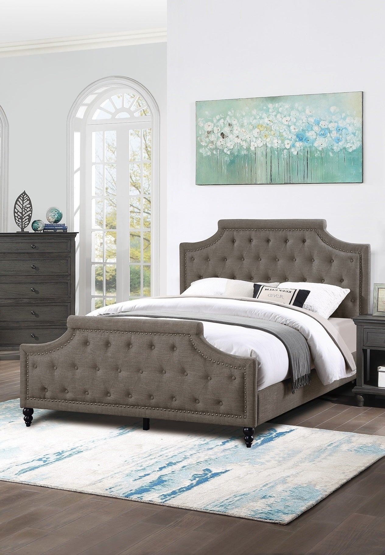 Modern Style Brown Polyfiber American Traditional 1pcs Full Size Bed Only Button Tufted Headboard Footboard Bedroom Furniture