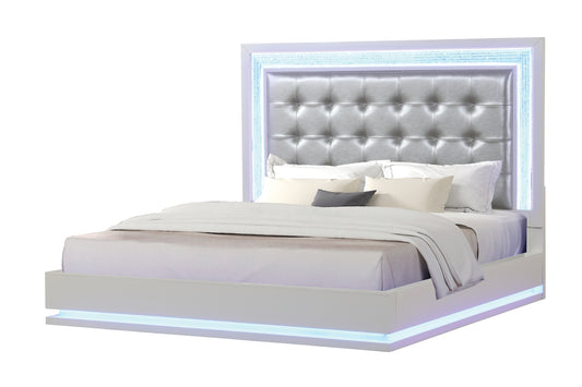Juego de dormitorio Queen de 5 piezas con luces LED fabricado con madera en color blanco lechoso