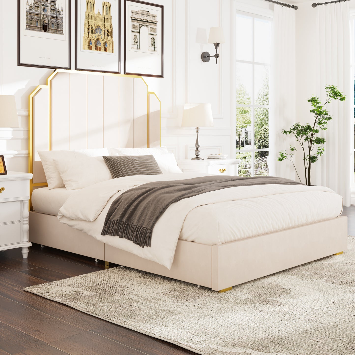 Queen Size Bed Frame and 59.06" Headboard, Upholstered Bed with Golden Plating Trim, Modern Platform Bed No Box Spring Needed, Cream