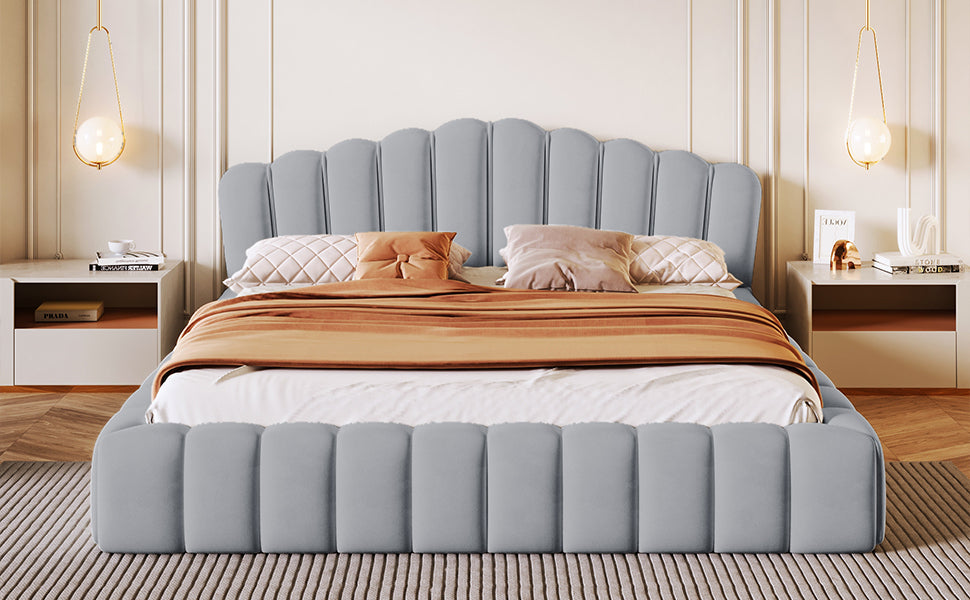 Velvet Upholstered Queen Bed Floor Bed Frame Shell-Shaped Headboard for Bedroom,No Box Spring Needed,Light Blue