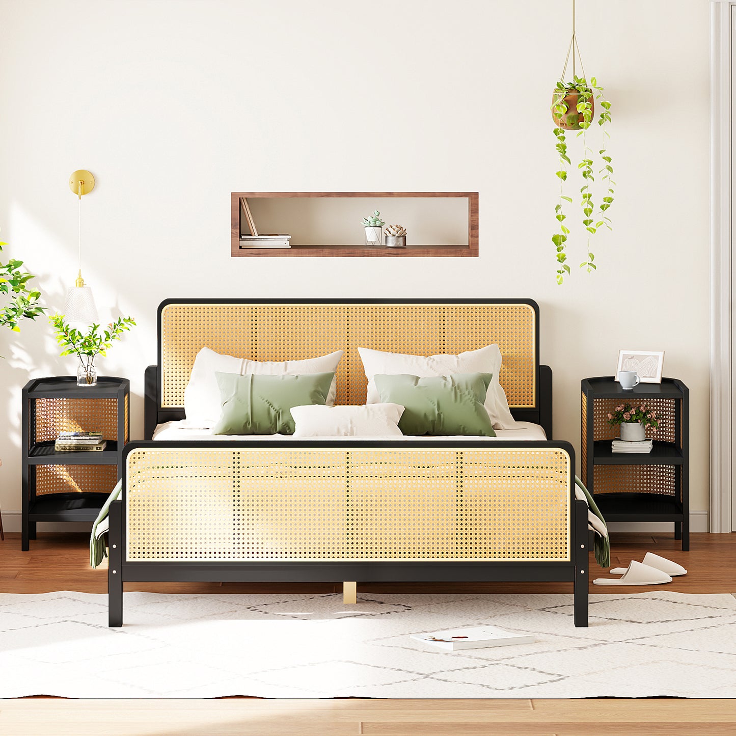 3 Pieces Rattan Platform Full Size Bed With 2 Nightstands,Espresso