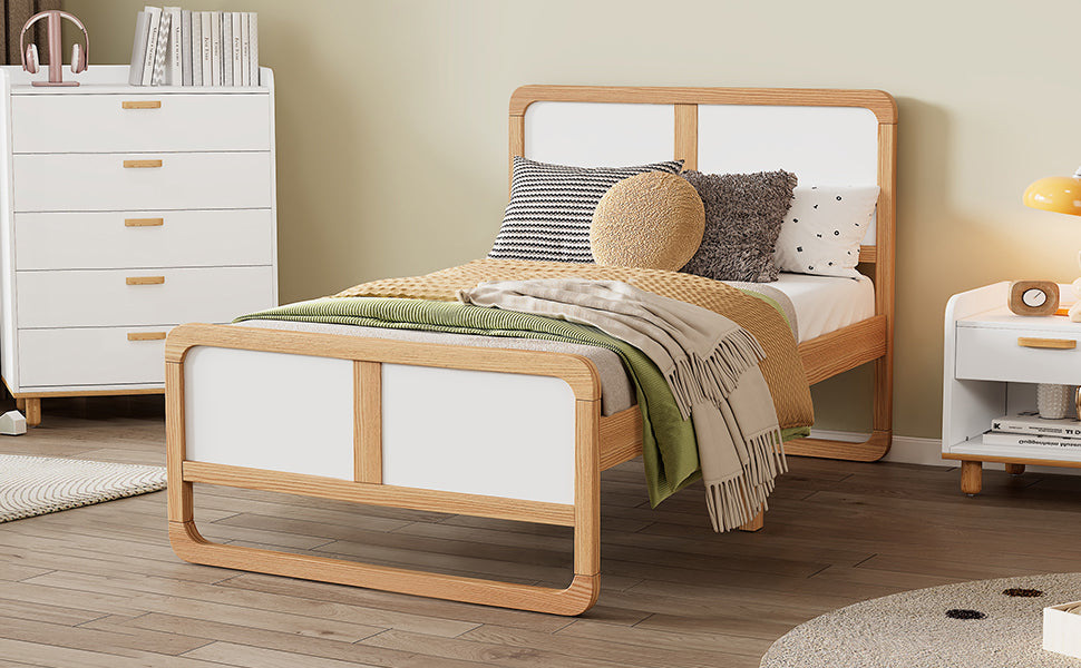 Modern Style Twin Size Solid Wood Platform Bed for  Kids, Teens, Adults, No Need Box Spring, Walnut and White