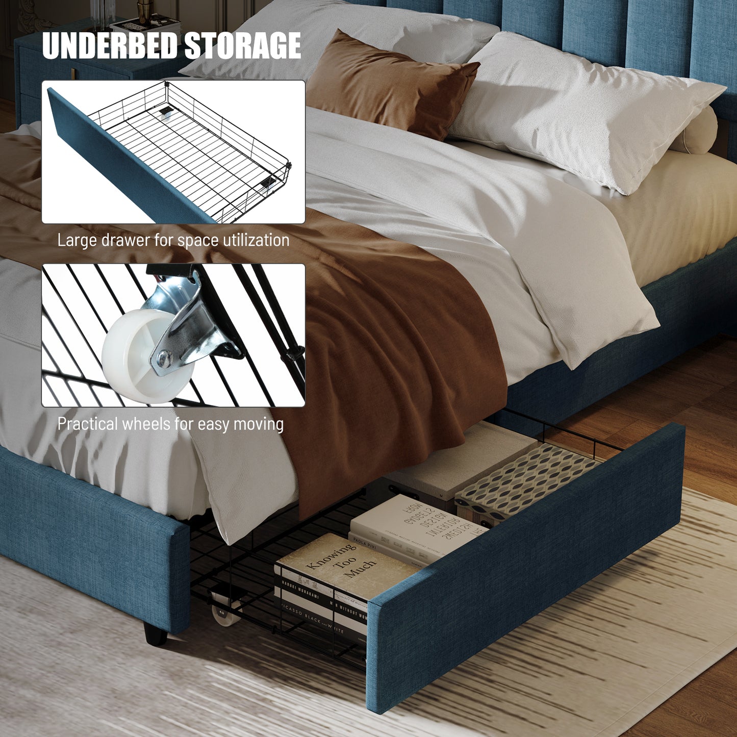 Queen Size Upholstered Platform Bed Linen Bed Frame with 2 Drawers Stitched Padded Headboard with Rivets Design Strong Bed Slats System No Box Spring Needed Blue