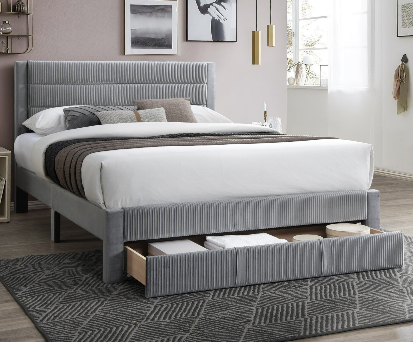 Luxury Contemporary Look 1pc Queen Size Bed w Storage Drawer Gray Corduroy Headboard Bedframe