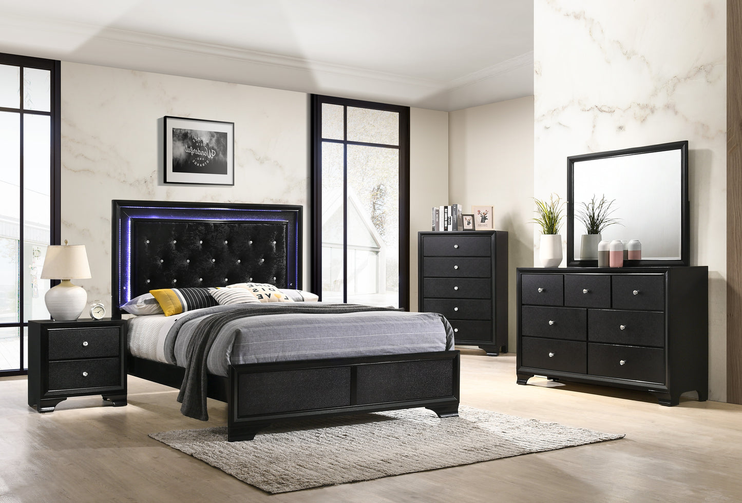 Modern Black Finish Upholstered 1pc Full Size LED Panel Bed Faux Diamond Tufted Bedroom Furniture