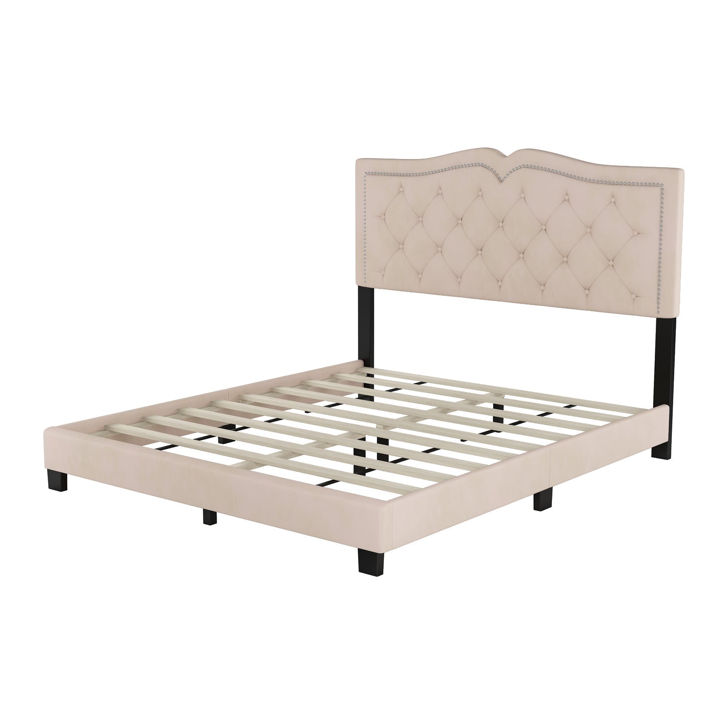 Queen Size Upholstered Bed Frame with Rivet Design, Modern Velvet Platform Bed with Tufted Headboard,Beige