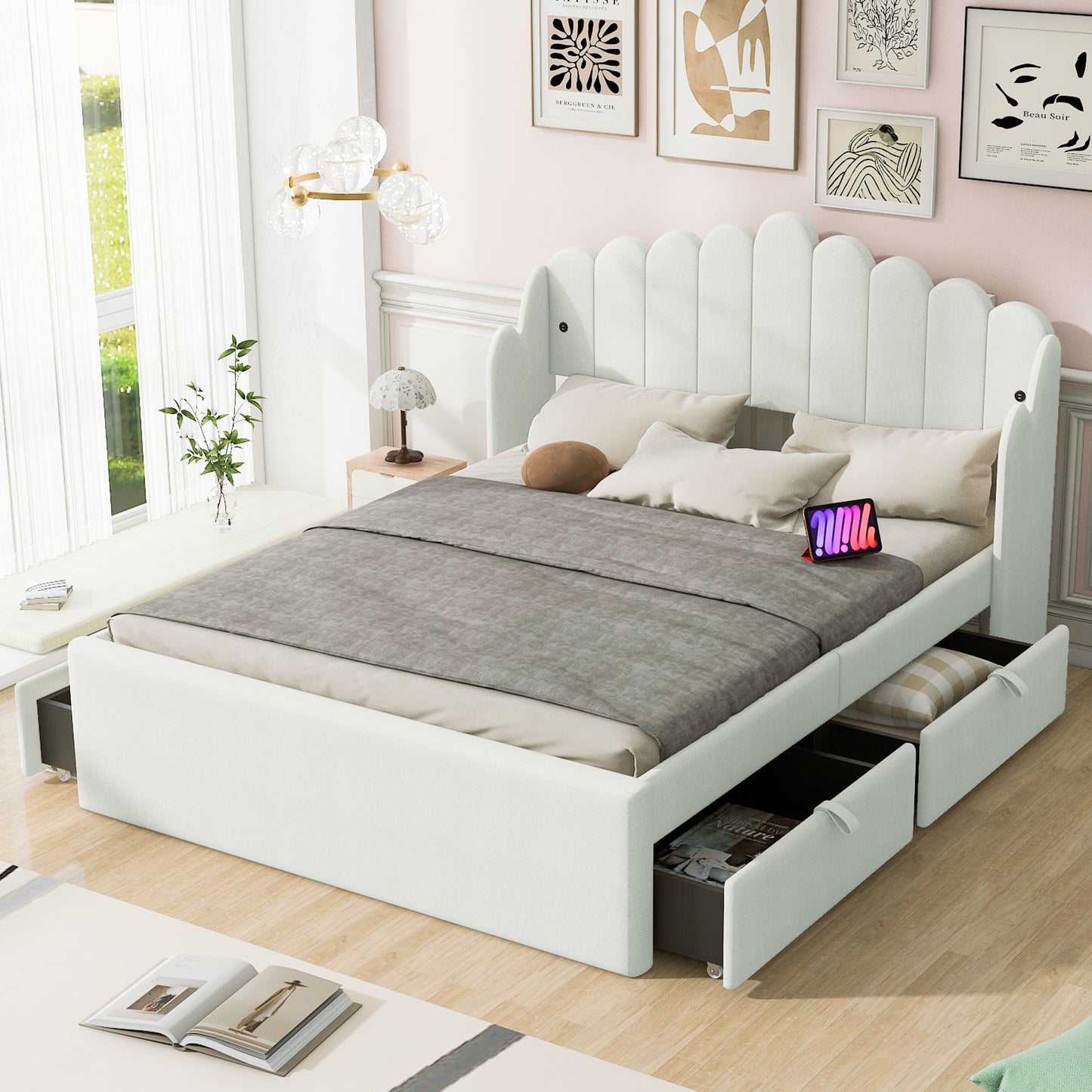 Full Size Upholstered Platform Bed with 4 Drawers and 2 USB, Beige