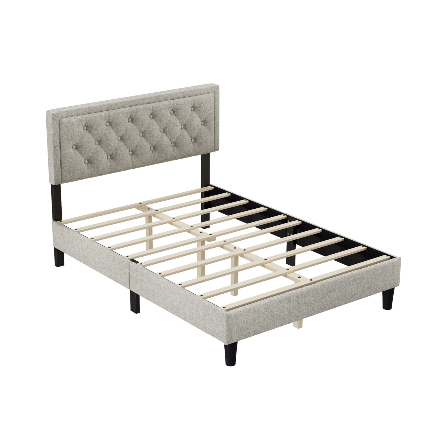 Full size Panel Bed Frame with Adjustable Button-Tufted Headboard for Bedroom/Linen Upholstered/Wood Slat Support/Easy Assembly,Linen Beige