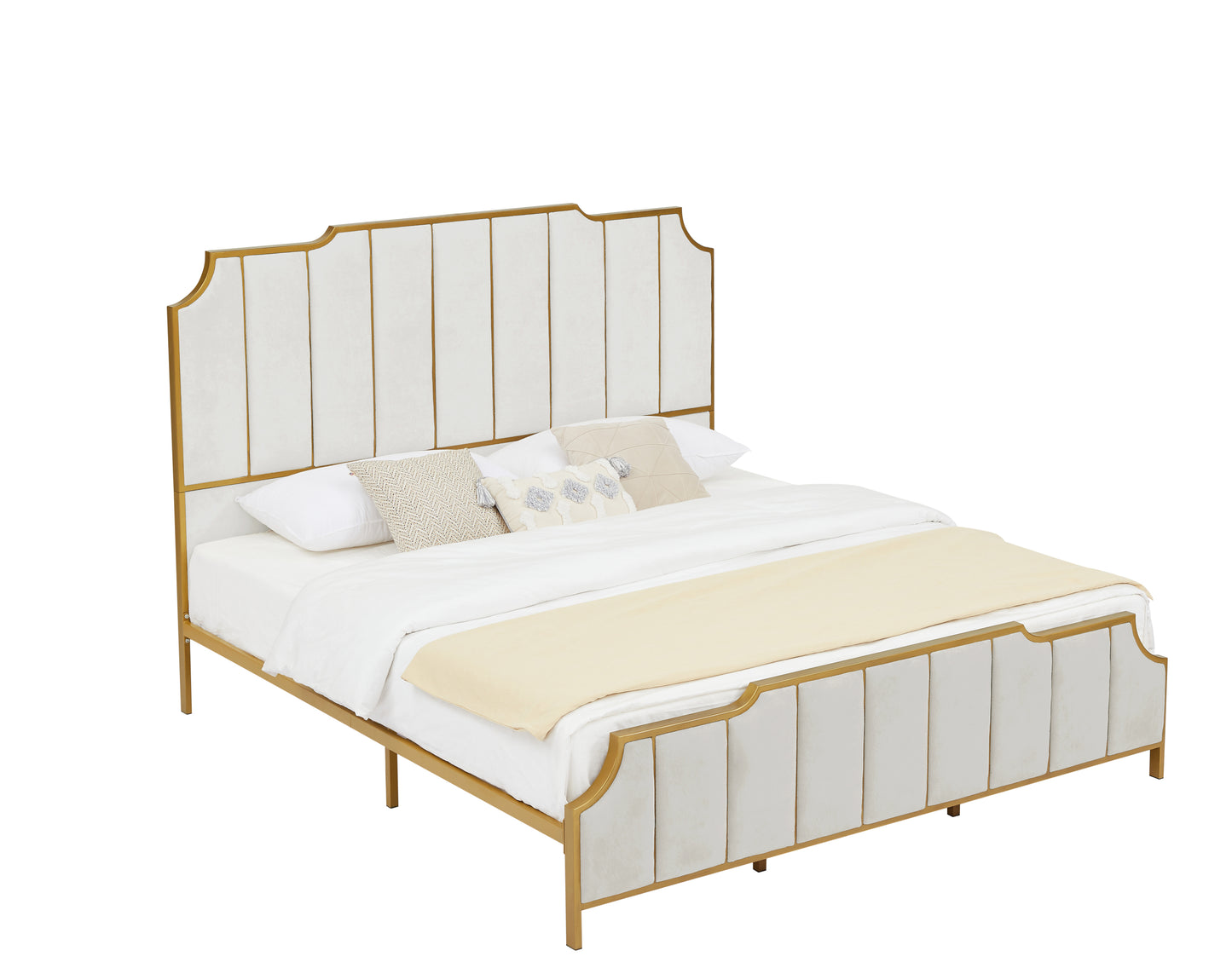 King Size Bed Frame,Upholstered Platform Bed & High headboard with Wood Slat Support,No Box Spring Needed,Easy Assembly, Velvet White