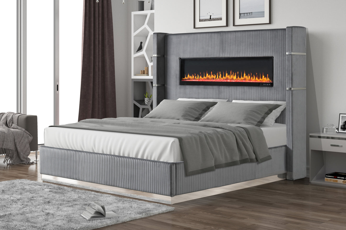 Ensemble de chambre à coucher King 5 pièces en bois rembourré avec éclairage d'ambiance en finition velours gris