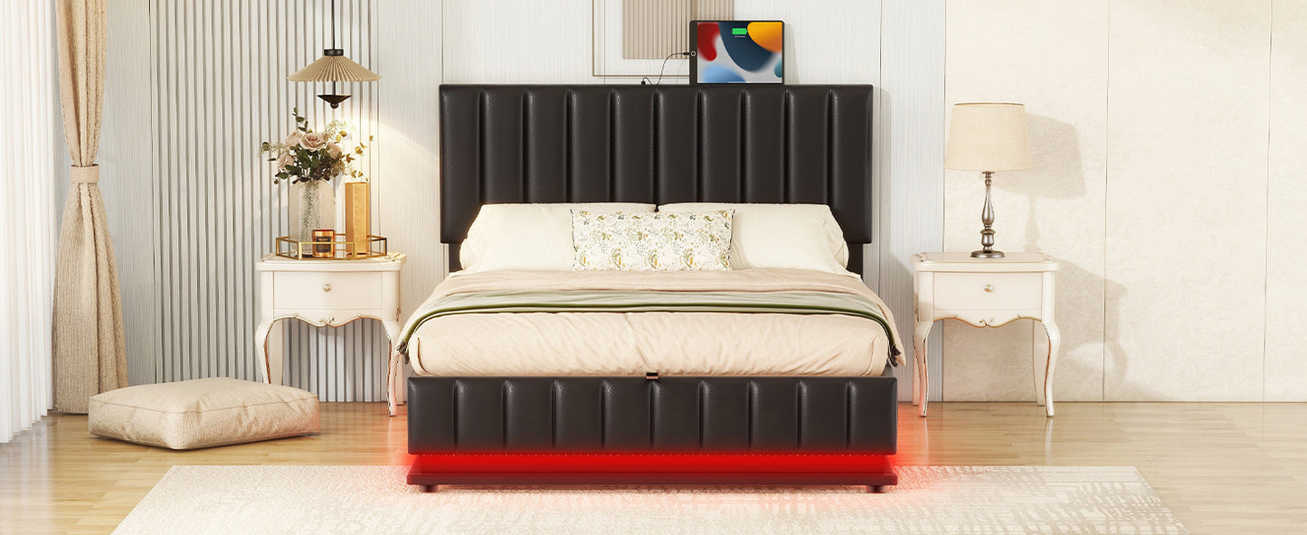 Full Size Upholstered Bed with Hydraulic Storage System and LED Light, Modern Platform Bed with Sockets and USB Ports, Black