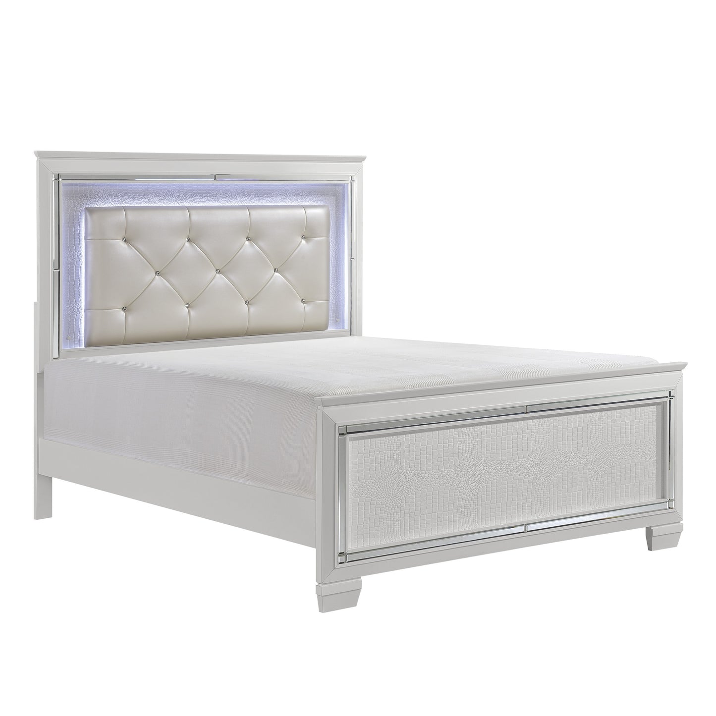 Glamorous Design Bedroom Furniture 1pc Queen Bed Button-Tufted LED Headboard White Finish Faux Alligator Embossed Textured Panels Bed