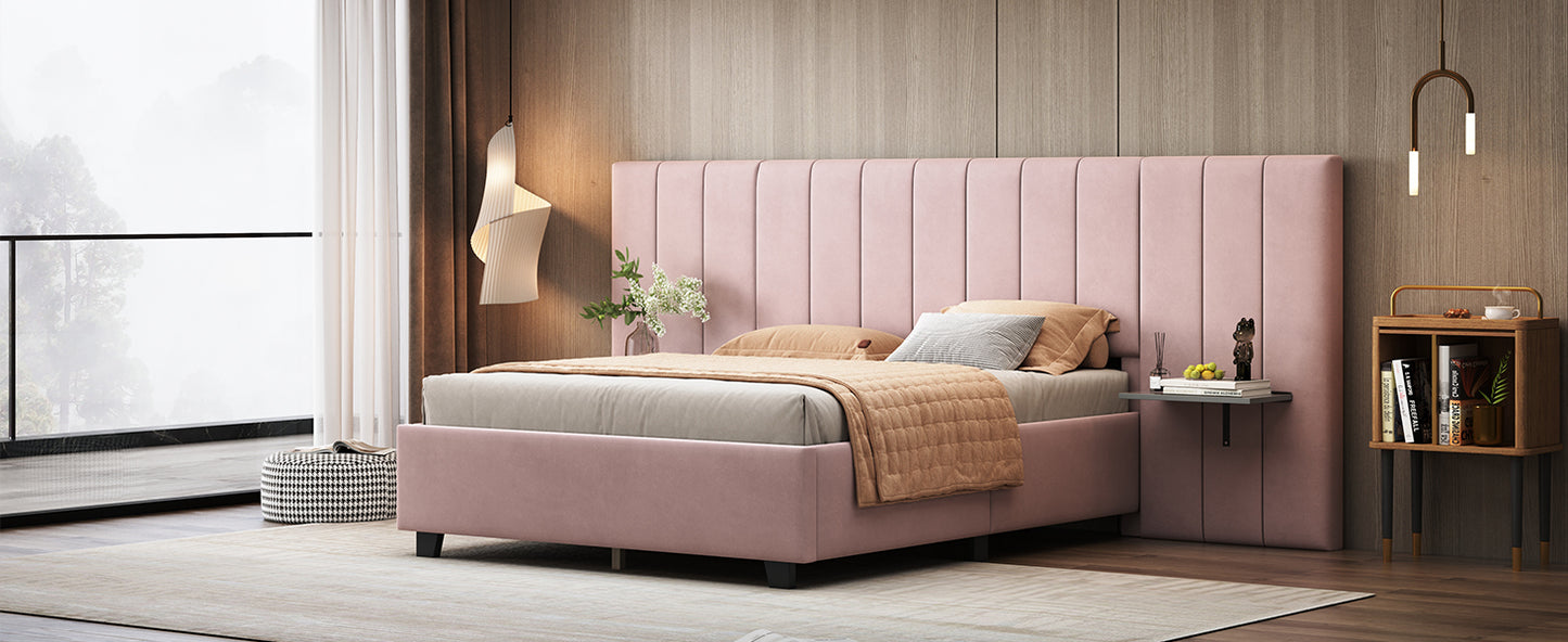 Full Size Upholstered Platform Bed with Big Headboard, Bedroom Furniture, Velvet, Pink