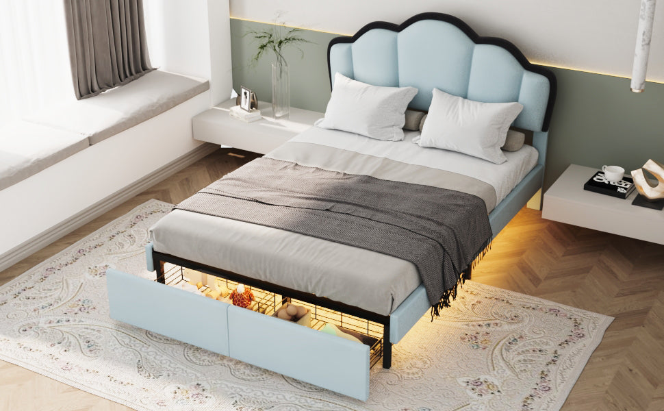 Full Size Upholstered Princess Platform Bed with LED and 2 Storage Drawers, Blue