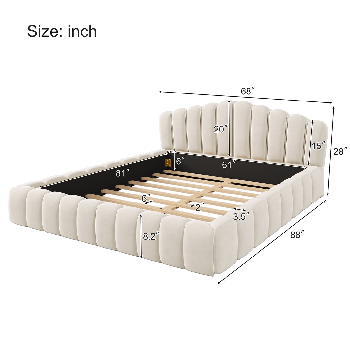 Velvet Upholstered Queen Bed Frame Floor Bed Shell-Shaped Headboard for Bedroom,No Box Spring Needed,Beige