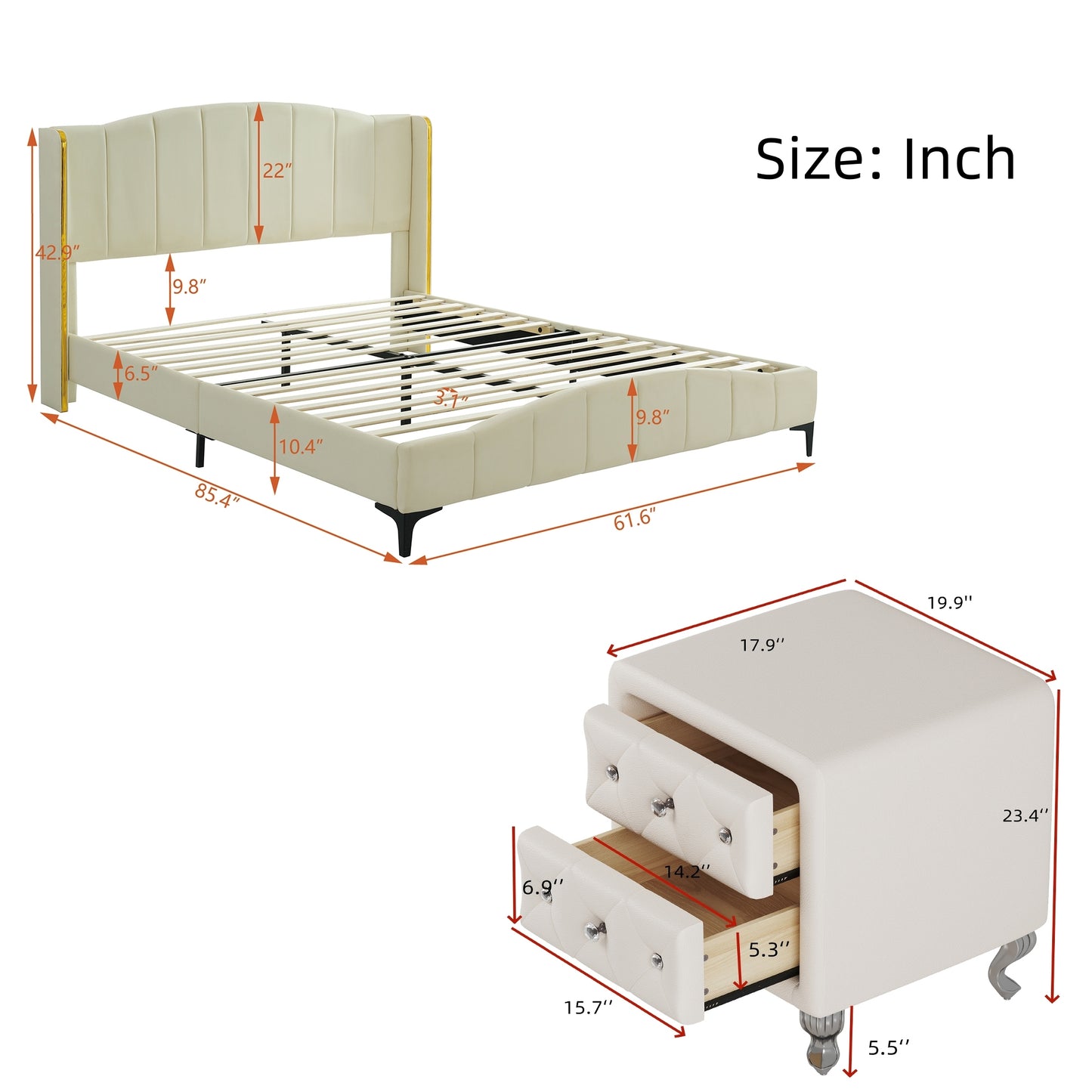 3 Pieces  Bedroom Set with Queen Size PU Leather Upholstered Platform Bed and Elegant PU Nightstand with 2 Drawers , Beige