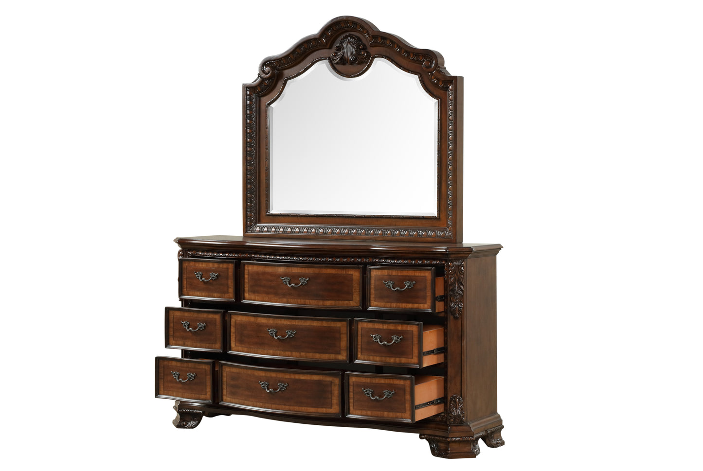 Traditional Style 4 Pc Queen Bedroom Set With Intricate Wood Carvings Made with Wood in Walnut