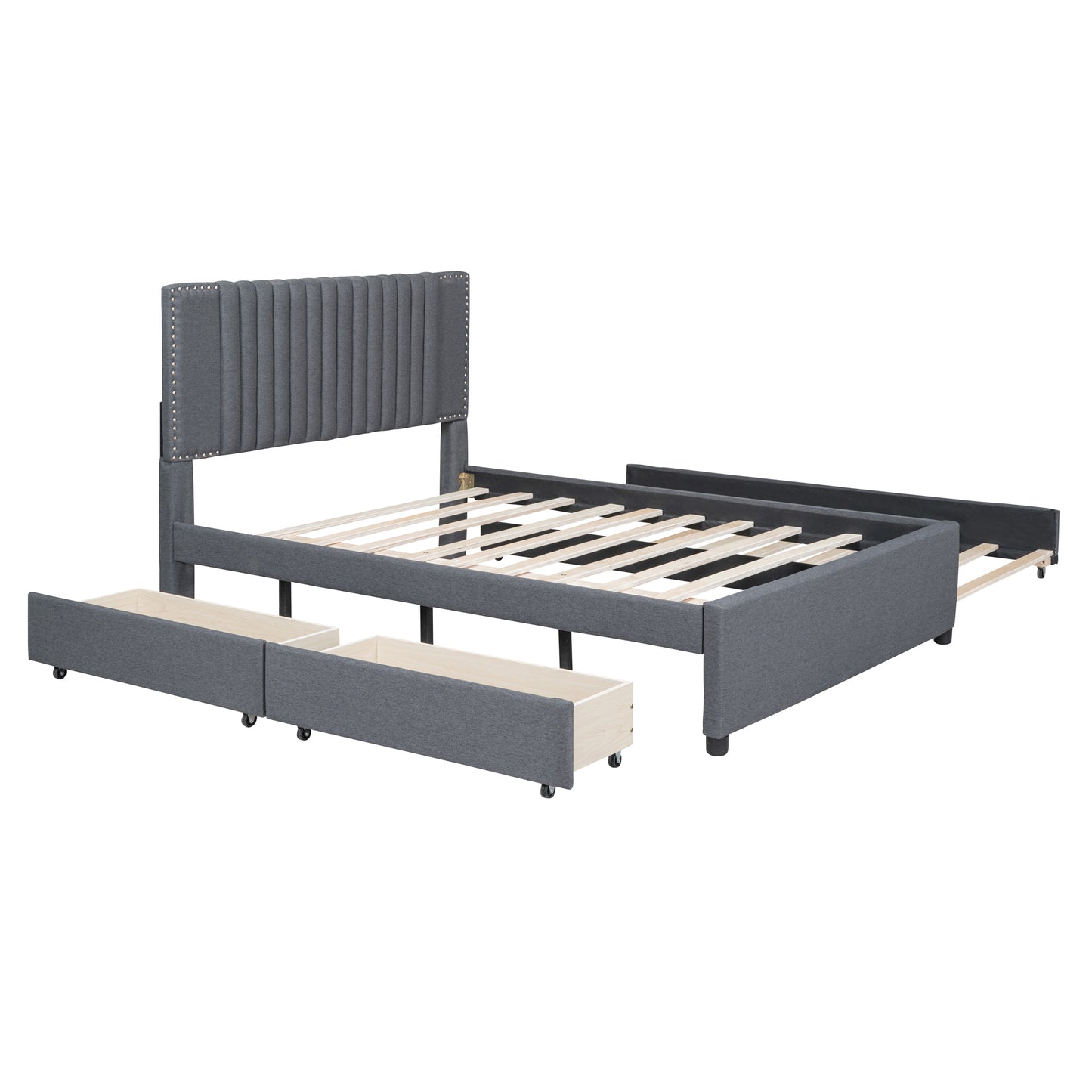 Full Size Upholstered Platform Bed with 2 Drawers and 1 Twin Size Trundle, Classic Headboard Design, Gray