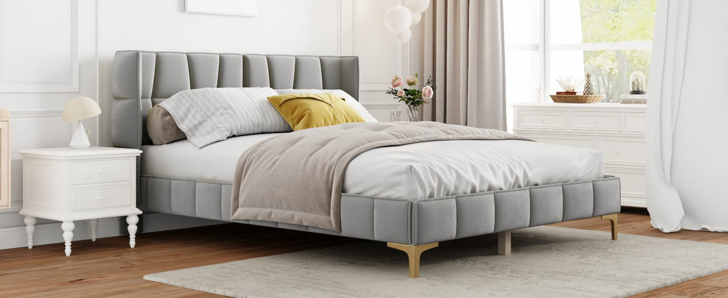 Queen Size Upholstered Velvet Platform Bed, Gray