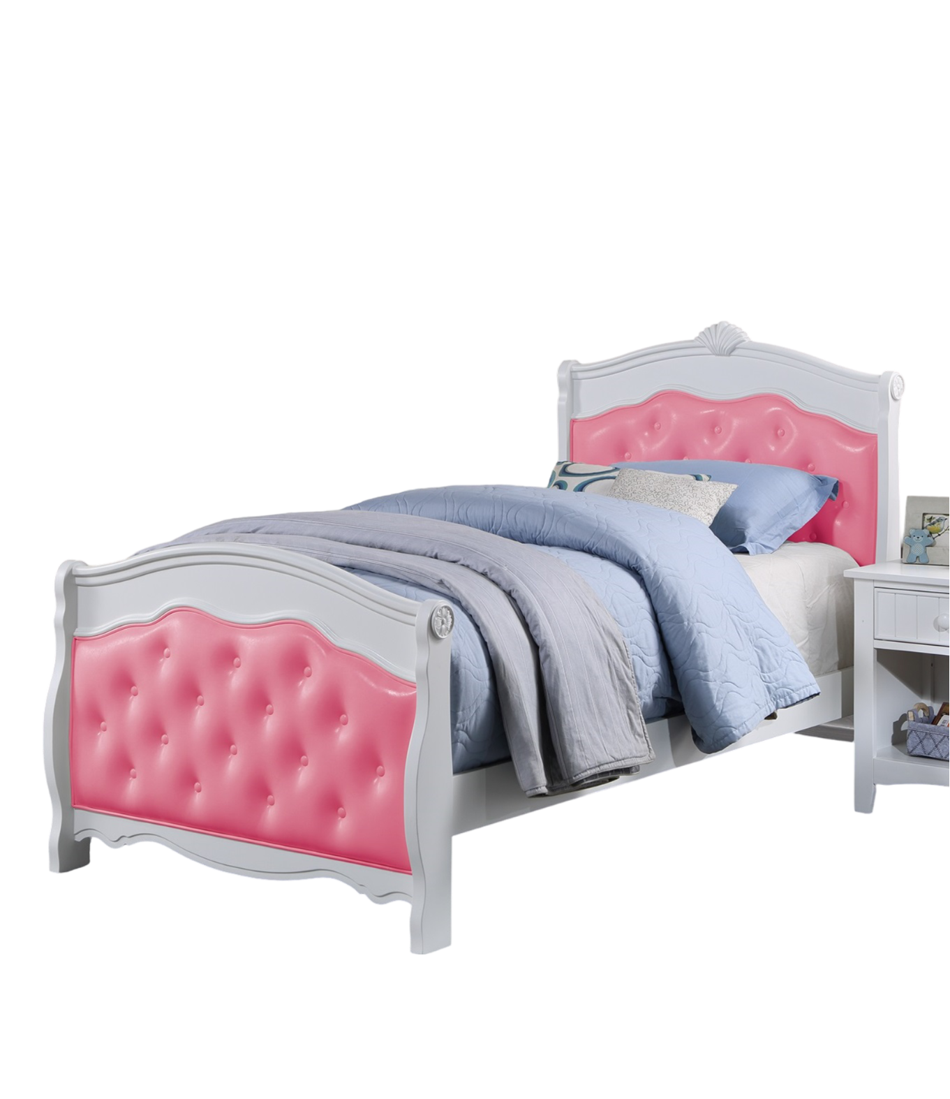 White Full Size Bed Youth Bedroom Furniture Pink Faux Leather Headboard Footboard Plywood 1pc Bedframe