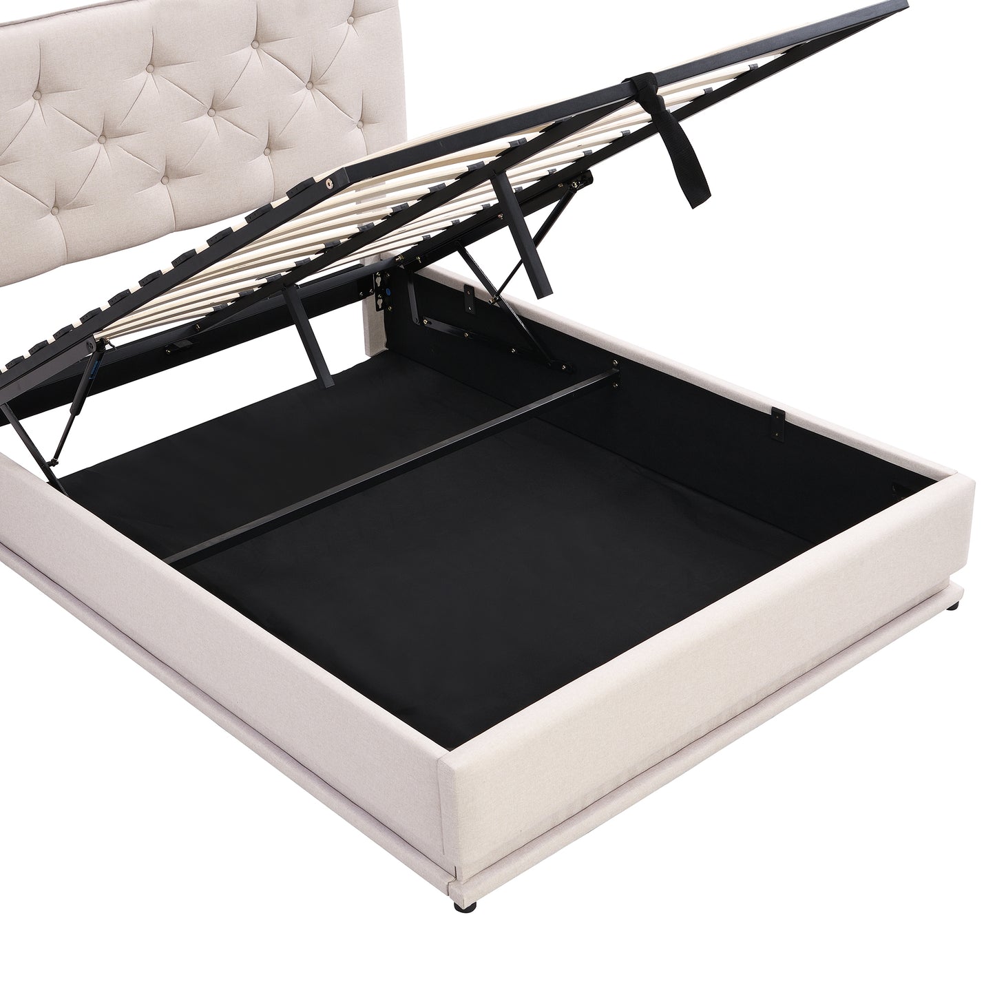 Full Size Upholstered Bed with Hydraulic Storage System and LED Light, Modern Platform Bed with Button-tufted Design Headboard, Beige